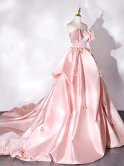 Elegant Pink A Line Strapless Appliques Satin Evening Dress Prom Dress