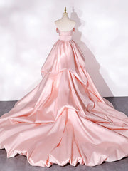 Elegant Pink A Line Strapless Appliques Satin Evening Dress Prom Dress