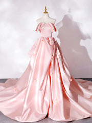 Elegant Pink A Line Strapless Appliques Satin Evening Dress Prom Dress