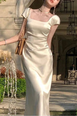 Elegant Square Neck Long Party Dress Beige Satin Mermiad Prom Evening Dress