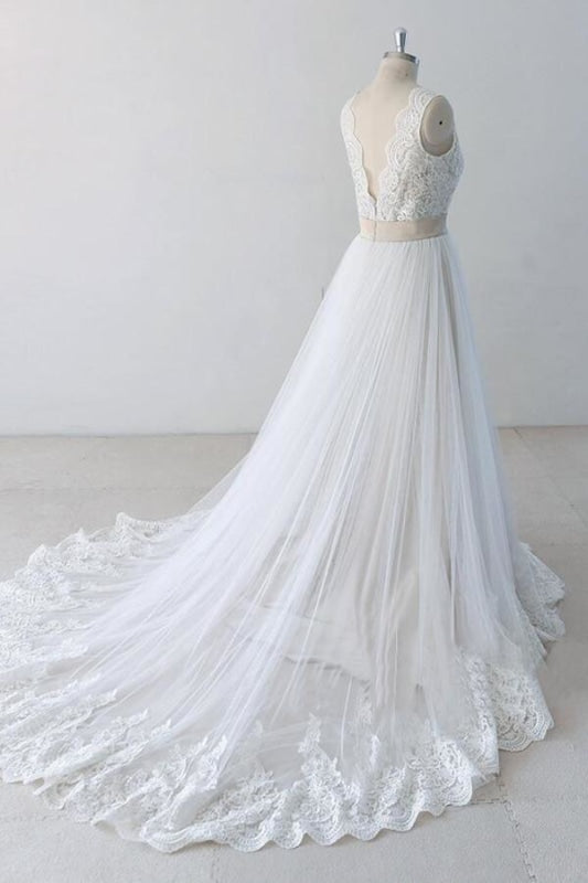 Wedding Dresses With Long Sleeves, Elegant V-neck Lace Tulle A-line Wedding Dress