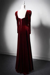 Elegant Wine Red Velvet Long Sleeves Formal Dress, Formal Wedding Party Dress