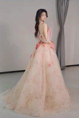 A Line Off the Shoulder Prom Dress with Flowers, Charming Tulle Party Gown