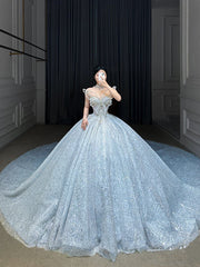 Fairytale Ball Gown Strapless Neckline Sequin Light Sky Blue Long Wedding Dresses Brides Dress