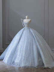 Fairytale Ball Gown Strapless Neckline Sequin Light Sky Blue Long Wedding Dresses Brides Dress