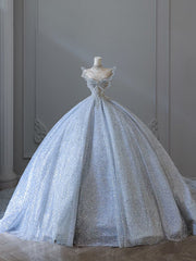 Fairytale Ball Gown Strapless Neckline Sequin Light Sky Blue Long Wedding Dresses Brides Dress