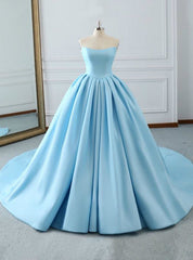 Fashion Blue Ball Gown Strapless Pleats Wedding Dress With Train