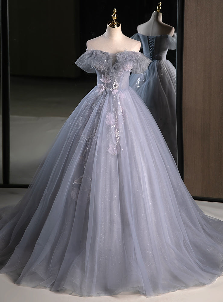 Fashion Gray Tulle Off the Shoulder Appliques Quinceanera Dress