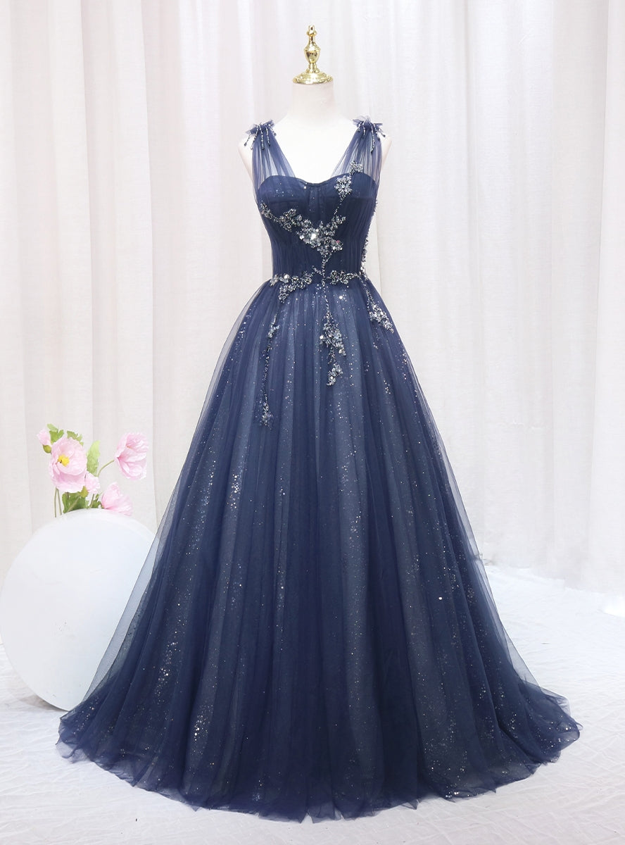 Fashion Navy Blue Tulle Sequins V-neck Prom Dress