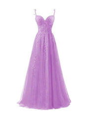 Fashion Purple Tulle Spaghetti Straps Appliques Prom Dress