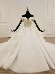 Fashion White Ball Gown Tulle Off the Shoulder Wedding Dress With Beading