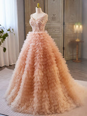 Evening Dresses 1937S, Unique V Neck Tulle Sequin Orange Pink Long Prom Dress, Orange Pink Sweet 16 Dress