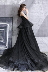 Black tulle long ball gown dress black evening dress