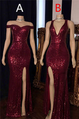 Black Gown, Long Mermaid Burgundy Sequin Prom Dresses Glitter Split Evening Gown