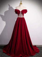 Burgundy Velvet Long Prom Dress, Off the Shoulder Evening Party Dress