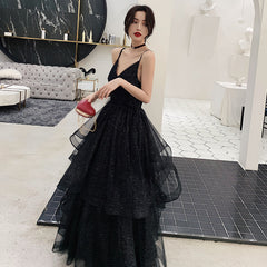 Black tulle sequins prom dress evening dress