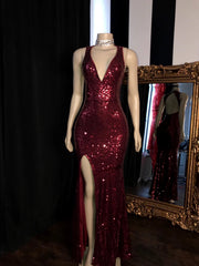 Light Blue Dress, Long Mermaid Burgundy Sequin Prom Dresses Glitter Split Evening Gown