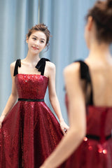 Burgundy sequins high low prom dress homecoming dress