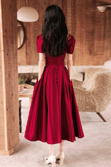 Burgundy satin short prom dress A-line evening dress