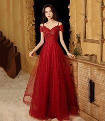 Burgundy tulle lace long prom dress A-line evening dress