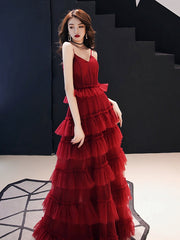 Burgundy tulle long prom gown formal dress