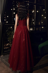 Burgundy tulle sequins long prom dress evening dress