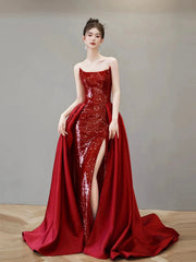 Burgundy Satin Sequins Long Prom Party Dress