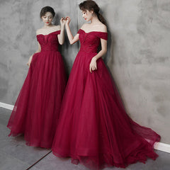 Burgundy tulle beads long prom dress A line evening dress