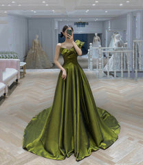 Green satin long prom dress A line evening dress