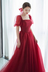 Red tulle long prom dress A line evening dress