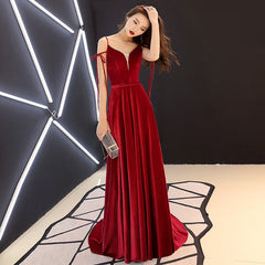 Burgundy v neck velvet long prom dress