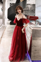 Burgundy velvet tulle long prom dress A line evening dress