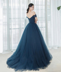 Elegant Tulle Long A-Line Prom Dress, Blue Off the Shoulder Evening Party Dress