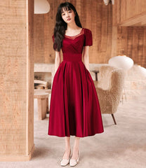 Burgundy satin short prom dress A-line evening dress