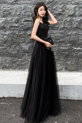 Black tulle beads long prom dress A line evening dress