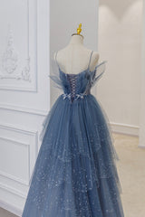 Blue Tulle Beads Long Ball Gown Dress Blue Formal Dress