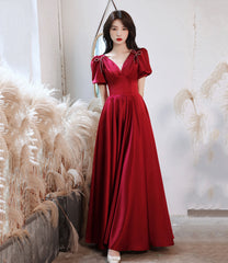 Burgundy satin long prom dress A line evening dress