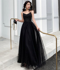 Black tulle beads long prom dress A line evening dress