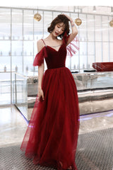 Burgundy velvet tulle long prom dress A line evening dress