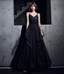 Black Simple v neck tulle long prom dress A line evening dress