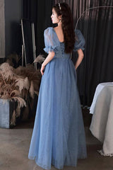 Blue tulle long prom dress A lin evening dress