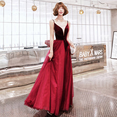 Burgundy velvet tulle prom dress evening dress