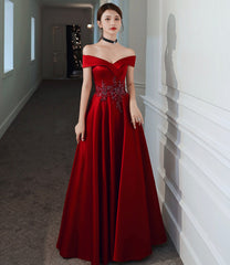 Burgundy satin beads long prom dress evening dress