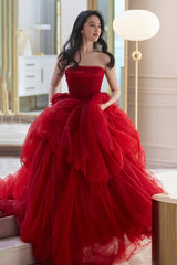 Red tulle long A line prom dress red evening dress