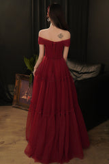 Burgundy tulle long prom dress A line evening dress