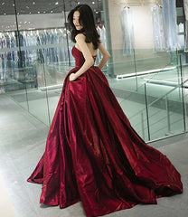 Burgundy satin long prom dress A line evening gown