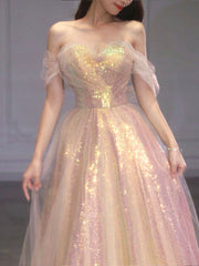 Shiny Tulle Sequins Long Prom Dress, Off the Shoulder Evening Party Dress