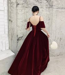 Burgundy velvet long prom dress A line evening gown