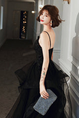 Black v neck lace long prom dress A line evening dress