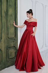 Burgundy satin long prom dress A line evening dress